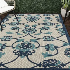 Clearance Kirklands Home Lyla Blue Floral Damask Indoor/Outdoor Rug, 5x8