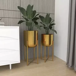 New Kirklands Home Metallic Planters with Stands, Set of 2 Gold