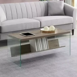 Online Kirklands Home Natural Soho Glass Coffee Table with V Shelf Brown