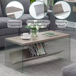 Online Kirklands Home Natural Soho Glass Coffee Table with V Shelf Brown