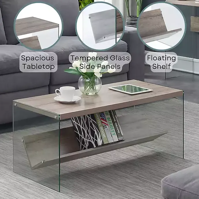 Online Kirklands Home Natural Soho Glass Coffee Table with V Shelf Brown