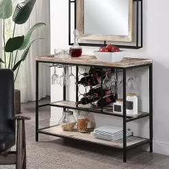 Discount Kirklands Home Natural Wood & Black Metal Wine Rack Console Table