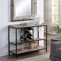 Discount Kirklands Home Natural Wood & Black Metal Wine Rack Console Table