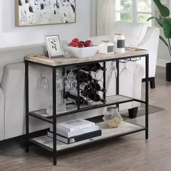 Discount Kirklands Home Natural Wood & Black Metal Wine Rack Console Table