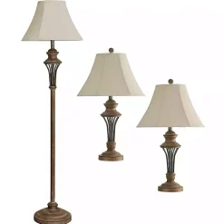 Outlet Kirklands Home Natural Wood & Bronze Metal 3-pc. Lamp Set Ivory