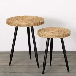 New Kirklands Home Natural Wood and Seagrass Accent Tables, Set of 2 Tan