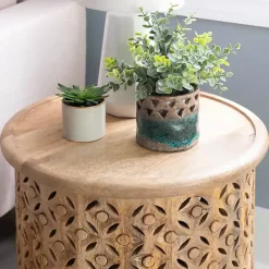 Best Kirklands Home Natural Wood Carved Diamonds Accent Table Tan