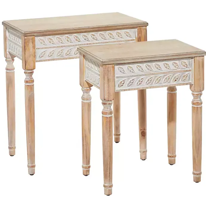 Sale Kirklands Home Natural Wood Carved Leaf Accent Tables, Set of 2