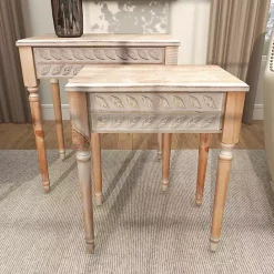 Sale Kirklands Home Natural Wood Carved Leaf Accent Tables, Set of 2