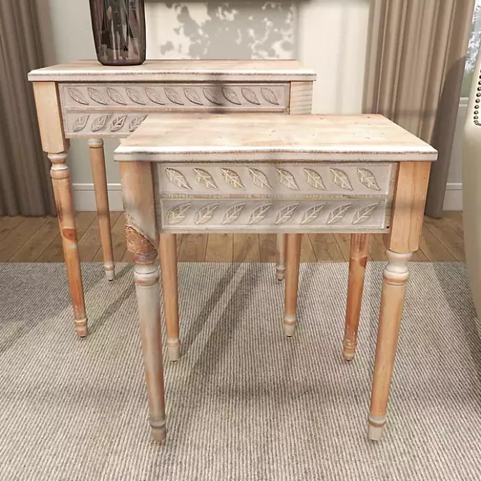 Sale Kirklands Home Natural Wood Carved Leaf Accent Tables, Set of 2