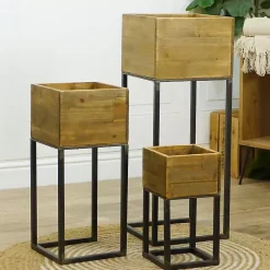 New Kirklands Home Natural Wood with Metal Base Planters, Set of 3