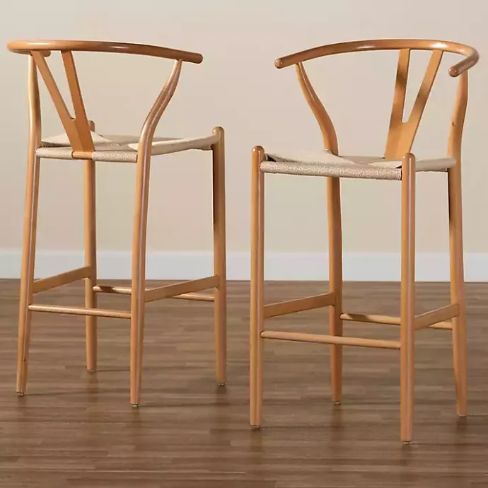 New Kirklands Home Natural Wood Woven Yarn Seat Bar Stools, Set of 2 Tan