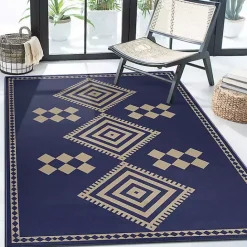 New Kirklands Home Navy and Tan Kilim Washable Area Rug, 5x7