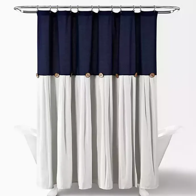 Sale Kirklands Home Navy and White Button Accent Linen Shower Curtain Blue