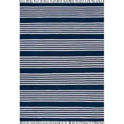 Sale Kirklands Home Navy Blue Striped Tassel Cotton Area Rug, 8x10