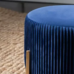 Kirklands Home Navy Velvet Upholstered Round Ottoman Blue