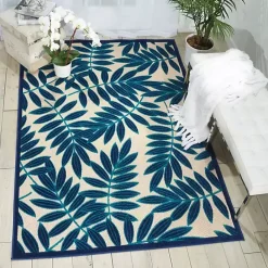 New Kirklands Home Navy Botanical Leaves Outdoor Area Rug, 9x13