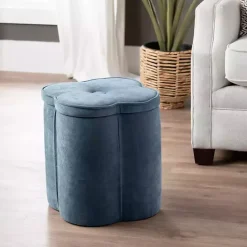 Kirklands Home Navy Chenille Flower Storage Ottoman Blue