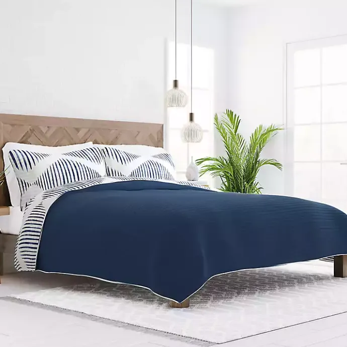 Kirklands Home Navy Diamond Line Reversible 3-pc. Queen Quilt Set