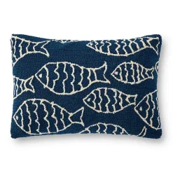 New Kirklands Home Navy Embroidered Fish Outdoor Lumbar Pillow