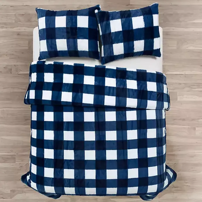 Kirklands Home Navy Plaid Faux Fur 3-pc. King Comforter Set