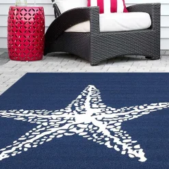 New Kirklands Home Navy Starfish Hooked Indoor/Outdoor Area Rug, 7x9