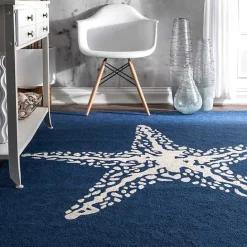 New Kirklands Home Navy Starfish Hooked Indoor/Outdoor Area Rug, 7x9
