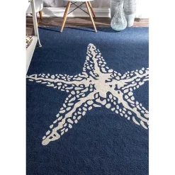 New Kirklands Home Navy Starfish Hooked Indoor/Outdoor Area Rug, 7x9