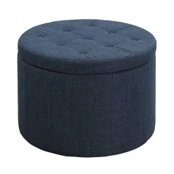 New Kirklands Home Navy Upholstered Round Shoe Storage Ottoman Blue