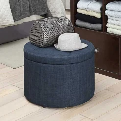 New Kirklands Home Navy Upholstered Round Shoe Storage Ottoman Blue