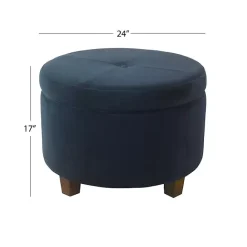 New Kirklands Home Navy Velvet Upholstered Round Storage Ottoman Blue