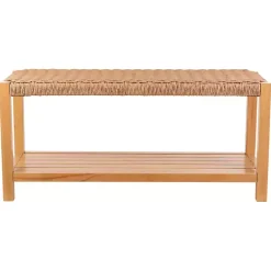 Discount Kirklands Home Newport Natural Wood and Rattan Bench with Shelf Brown