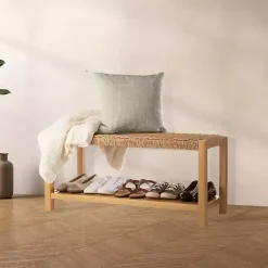 Discount Kirklands Home Newport Natural Wood and Rattan Bench with Shelf Brown