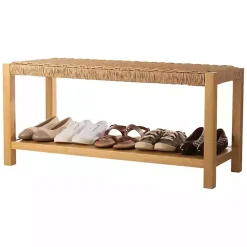 Discount Kirklands Home Newport Natural Wood and Rattan Bench with Shelf Brown