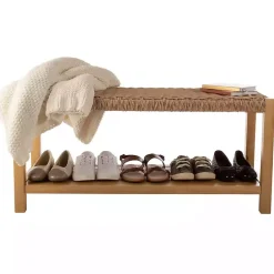 Discount Kirklands Home Newport Natural Wood and Rattan Bench with Shelf Brown