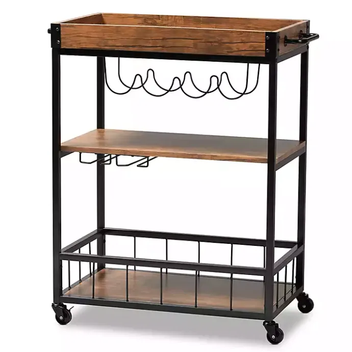 Sale Kirklands Home Oak and Black Metal Bar Cart with Bottle Rack