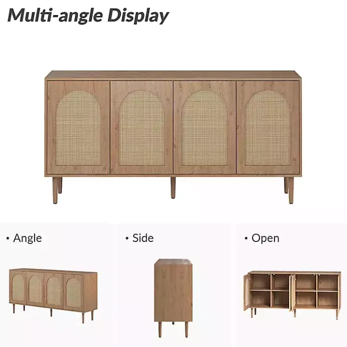 Hot Kirklands Home Oak and Natural Rattan 4-Door Sideboard Brown