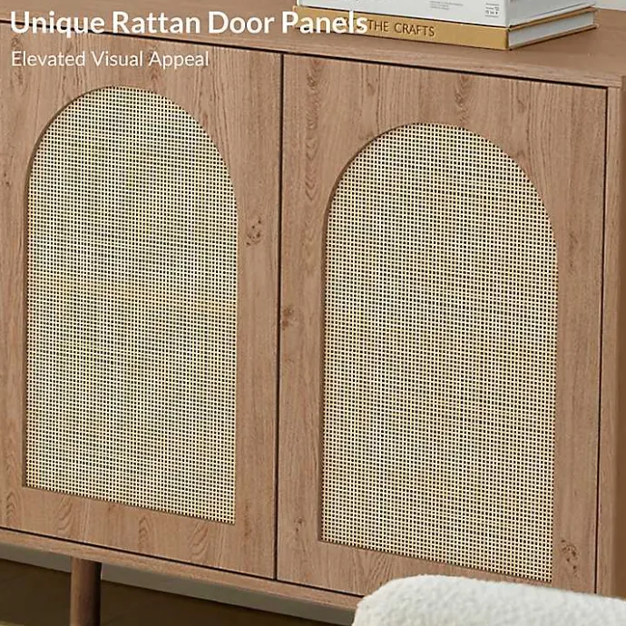 Hot Kirklands Home Oak and Natural Rattan 4-Door Sideboard Brown