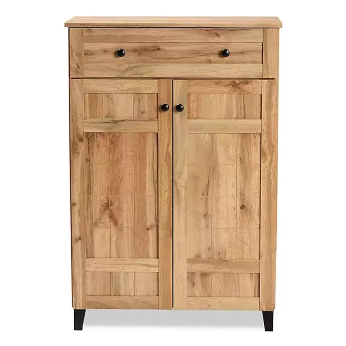 Kirklands Home Oak 2-Door Grid Shoe Storage Cabinet Tan