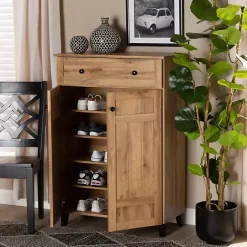 Kirklands Home Oak 2-Door Grid Shoe Storage Cabinet Tan