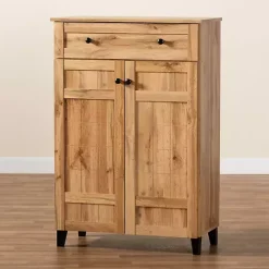 Kirklands Home Oak 2-Door Grid Shoe Storage Cabinet Tan