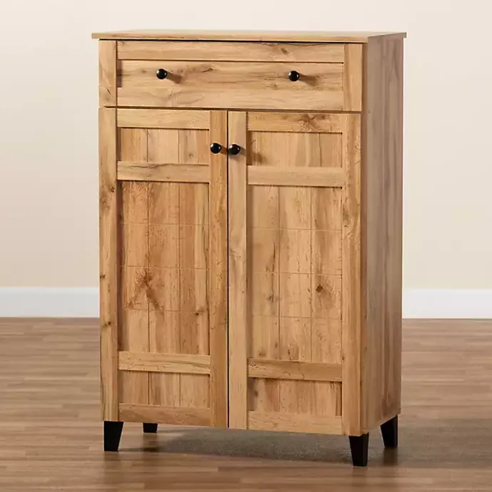 Kirklands Home Oak 2-Door Grid Shoe Storage Cabinet Tan