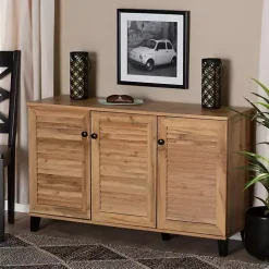 New Kirklands Home Oak 3-Door Slatted Shoe Storage Cabinet Brown