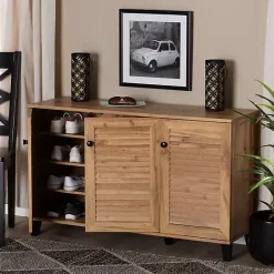 New Kirklands Home Oak 3-Door Slatted Shoe Storage Cabinet Brown