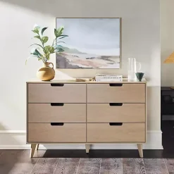 Hot Kirklands Home Oak Wood Simple Grooved Handle 6-Drawer Dresser Tan