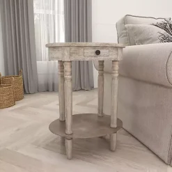 Best Kirklands Home Oval washed Pine Wood Side Table White