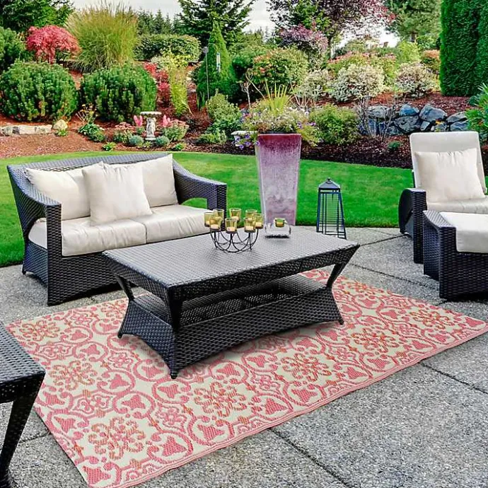 Best Kirklands Home Pink and Cream Floral Tile Outdoor Area Rug, 4x6