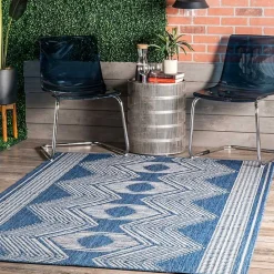 New Kirklands Home Raina Blue Tribal Zig Zag Outdoor Rug, 8x10