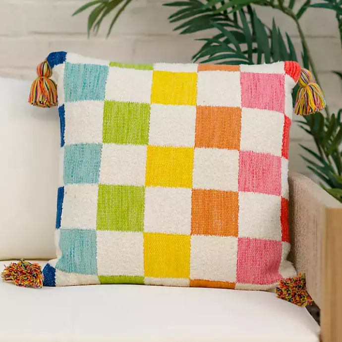 Hot Kirklands Home Rainbow Checkered Outdoor Pillow Multi