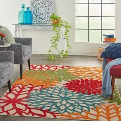 Kirklands Home Red Bright Floral Burst Outdoor Area Rug, 5x7